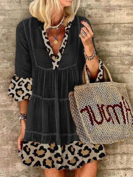 Leopard Stitching Deep V Neck Mini Dress - Mini Dresses - INS | Online Fashion Free Shipping Clothing, Dresses, Tops, Shoes - 15/06/2021 - Color_Apricot - Color_Black