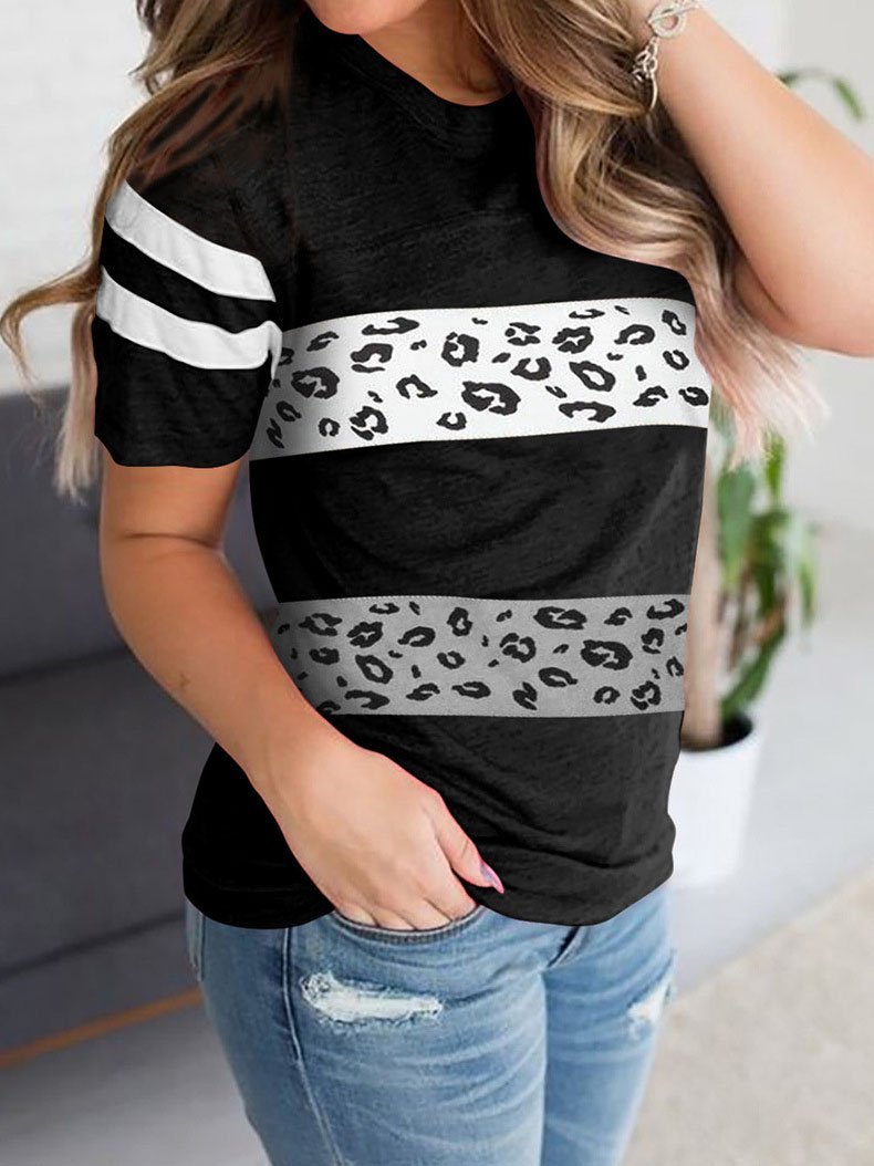 Leopard Stripe Print Round Neck Short Sleeve T-Shirts - T-Shirts - INS | Online Fashion Free Shipping Clothing, Dresses, Tops, Shoes - 09/07/2021 - 10-20 - 12/07/2021