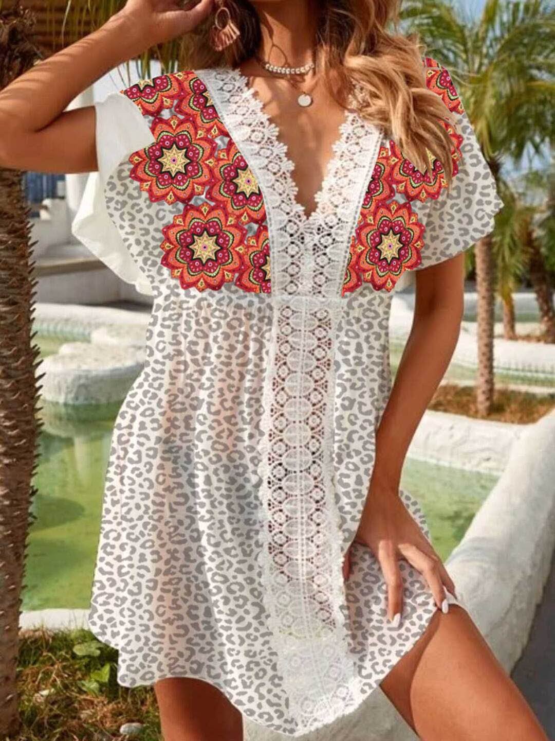 Leopard Tribal Lace Ruffle Mini Dress - Mini Dresses - INS | Online Fashion Free Shipping Clothing, Dresses, Tops, Shoes - 05/06/2021 - Color_White - DRE2106050121