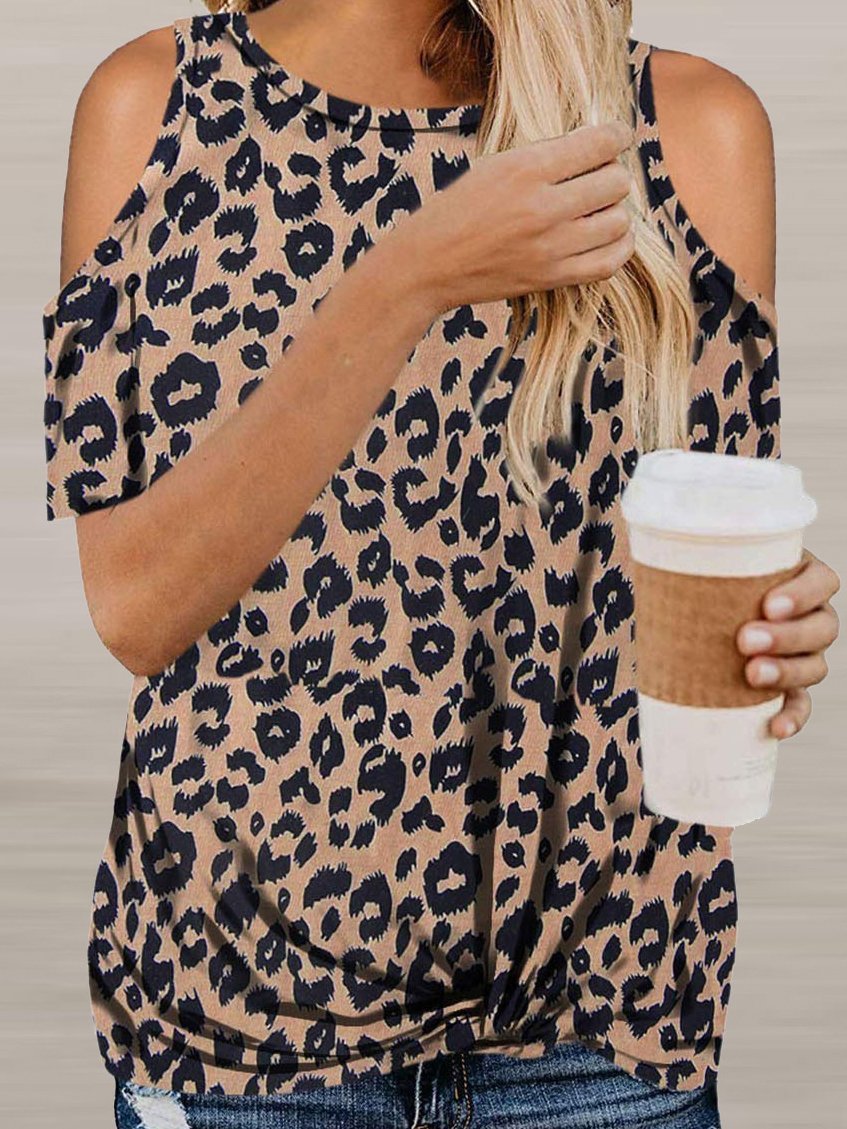 Leopard Twisted Off Shoulder Short Sleeve T-Shirt - T-Shirts - INS | Online Fashion Free Shipping Clothing, Dresses, Tops, Shoes - 10-20 - 21/06/2021 - Category_T-Shirts