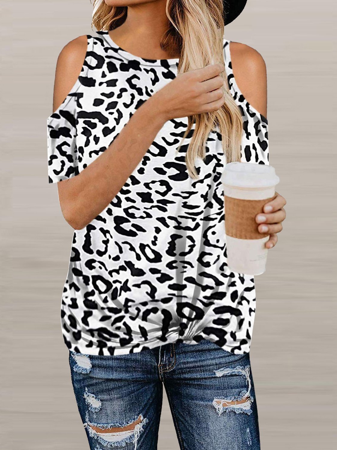 Leopard Twisted Off Shoulder Short Sleeve T-Shirt - T-Shirts - INS | Online Fashion Free Shipping Clothing, Dresses, Tops, Shoes - 10-20 - 21/06/2021 - Category_T-Shirts