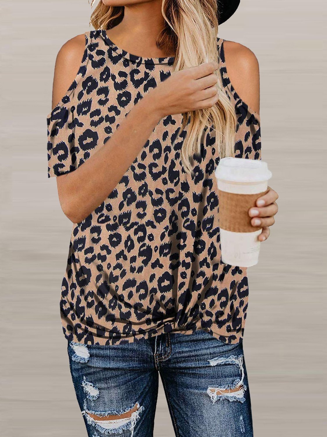 Leopard Twisted Off Shoulder Short Sleeve T-Shirt - T-Shirts - INS | Online Fashion Free Shipping Clothing, Dresses, Tops, Shoes - 10-20 - 21/06/2021 - Category_T-Shirts