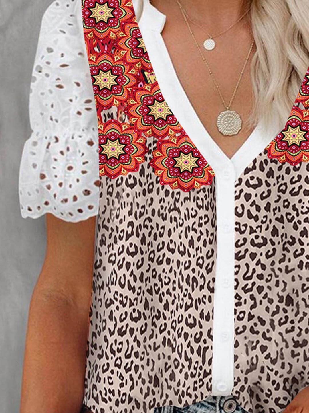 Leopard V Neck Lace Short Sleeve T-shirts - T-shirts - INS | Online Fashion Free Shipping Clothing, Dresses, Tops, Shoes - 05/06/2021 - Color_White - LXQ