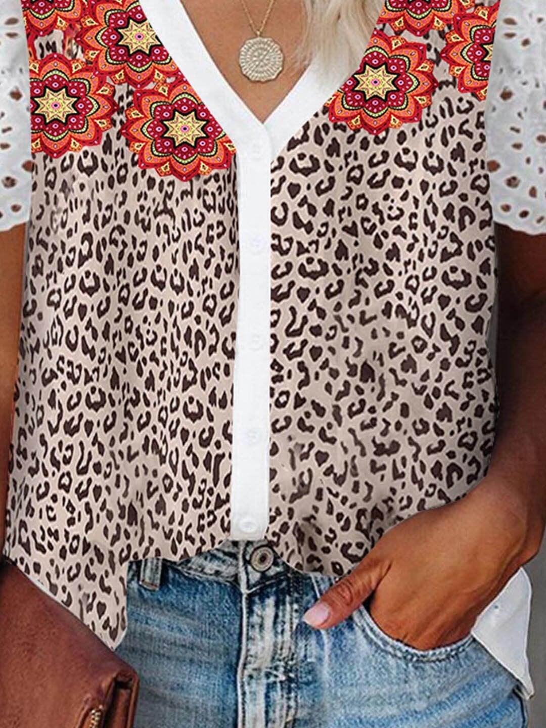 Leopard V Neck Lace Short Sleeve T-shirts - T-shirts - INS | Online Fashion Free Shipping Clothing, Dresses, Tops, Shoes - 05/06/2021 - Color_White - LXQ