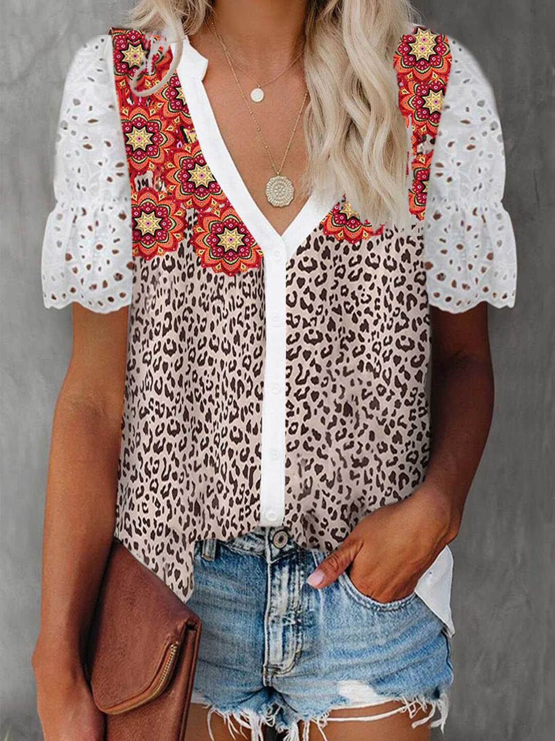 Leopard V Neck Lace Short Sleeve T-shirts - T-shirts - INS | Online Fashion Free Shipping Clothing, Dresses, Tops, Shoes - 05/06/2021 - Color_White - LXQ