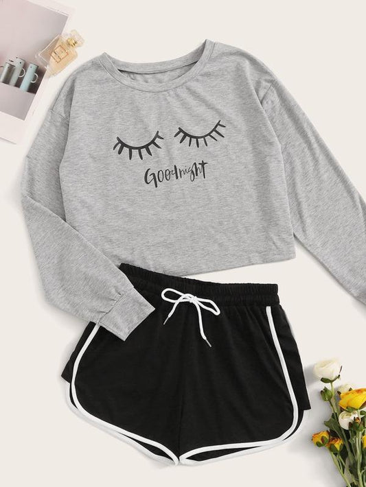 Letter & Eyelash Print PJ Set - INS | Online Fashion Free Shipping Clothing, Dresses, Tops, Shoes