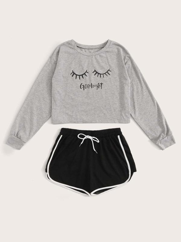 Letter & Eyelash Print PJ Set - INS | Online Fashion Free Shipping Clothing, Dresses, Tops, Shoes