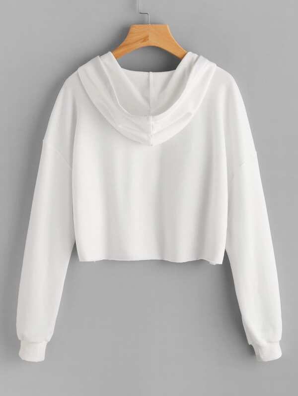 Letter Graphic Drop Shoulder Raw Hem Crop Hoodie - INS | Online Fashion Free Shipping Clothing, Dresses, Tops, Shoes