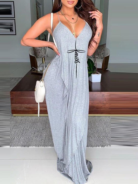 Letter Print Backless Cami Maxi Dress - Maxi Dresses - INS | Online Fashion Free Shipping Clothing, Dresses, Tops, Shoes - 29/04/2021 - Casual Dresses - Color_Gray