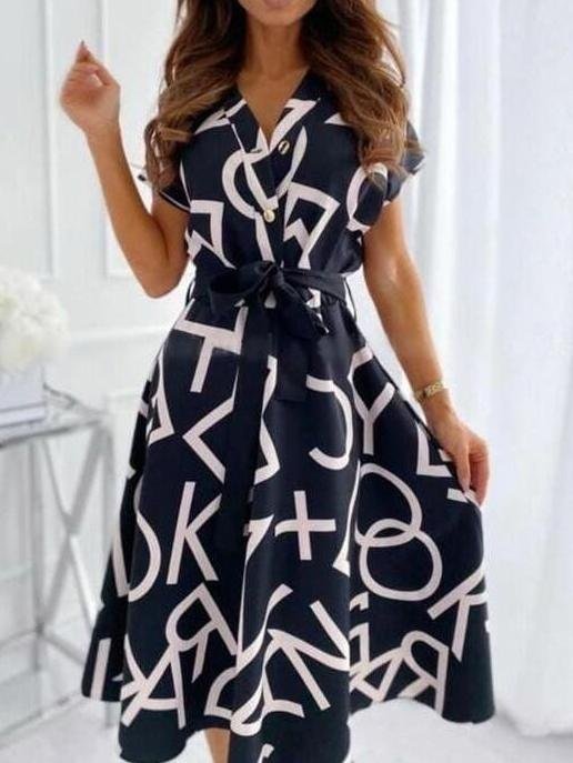 Letter Print Short-sleeved A-line Dress - Midi Dresses - INS | Online Fashion Free Shipping Clothing, Dresses, Tops, Shoes - 08/06/2021 - Color_Black - Color_Pink