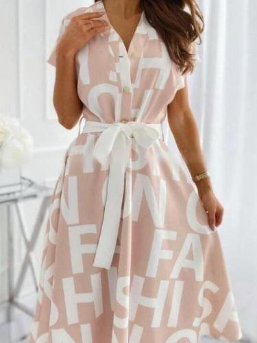 Letter Print Short-sleeved A-line Dress - Midi Dresses - INS | Online Fashion Free Shipping Clothing, Dresses, Tops, Shoes - 08/06/2021 - Color_Black - Color_Pink