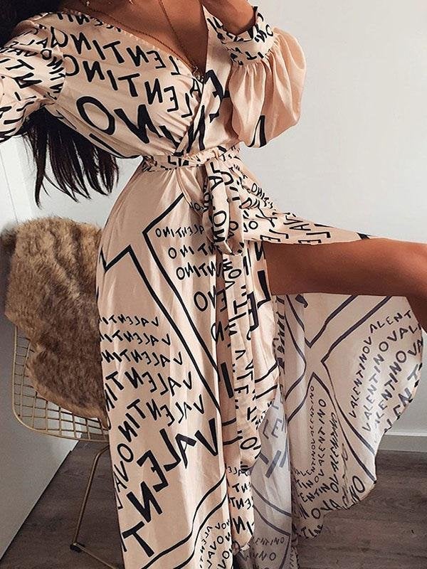 Letter Print Split V-neck Dress - Maxi Dresses - INS | Online Fashion Free Shipping Clothing, Dresses, Tops, Shoes - 20-30 - 28/06/2021 - color-apricot