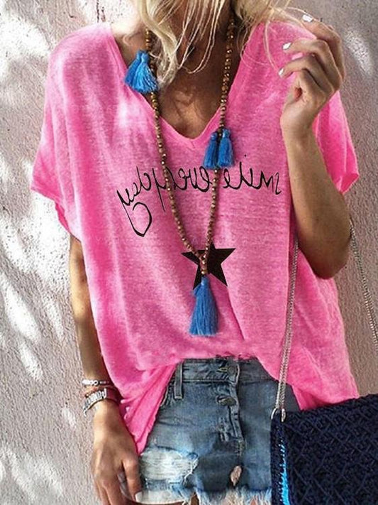 Letter Print V-neck Loose Short Sleeve T-shirt - T-shirts - INS | Online Fashion Free Shipping Clothing, Dresses, Tops, Shoes - 10/06/2021 - Color_Gray - Color_Green