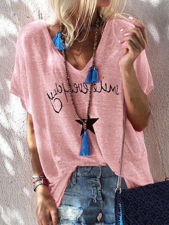 Letter Print V-neck Loose Short Sleeve T-shirt - T-shirts - INS | Online Fashion Free Shipping Clothing, Dresses, Tops, Shoes - 10/06/2021 - Color_Gray - Color_Green