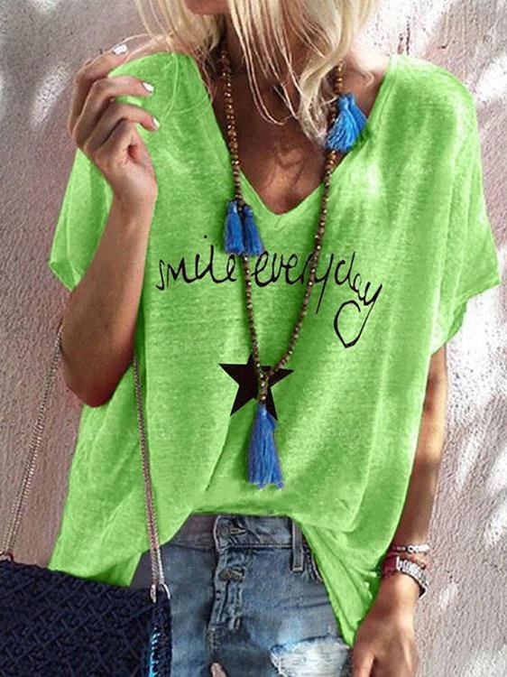 Letter Print V-neck Loose Short Sleeve T-shirt - T-shirts - INS | Online Fashion Free Shipping Clothing, Dresses, Tops, Shoes - 10/06/2021 - Color_Gray - Color_Green
