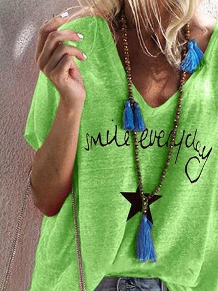 Letter Print V-neck Loose Short Sleeve T-shirt - T-shirts - INS | Online Fashion Free Shipping Clothing, Dresses, Tops, Shoes - 10/06/2021 - Color_Gray - Color_Green