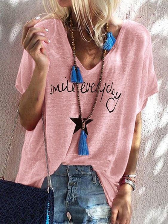Letter Print V-neck Loose Short Sleeve T-shirt - T-shirts - INS | Online Fashion Free Shipping Clothing, Dresses, Tops, Shoes - 10/06/2021 - Color_Gray - Color_Green
