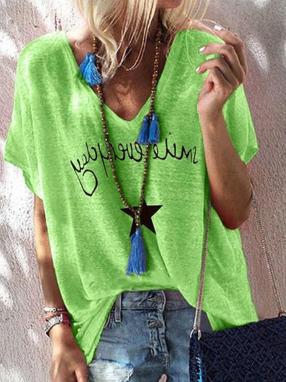 Letter Print V-neck Loose Short Sleeve T-shirt - T-shirts - INS | Online Fashion Free Shipping Clothing, Dresses, Tops, Shoes - 10/06/2021 - Color_Gray - Color_Green
