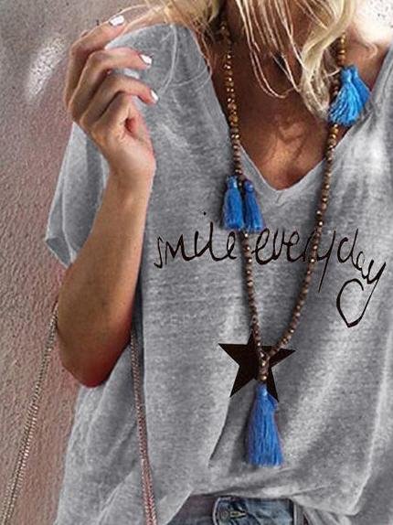 Letter Print V-neck Loose Short Sleeve T-shirt - T-shirts - INS | Online Fashion Free Shipping Clothing, Dresses, Tops, Shoes - 10/06/2021 - Color_Gray - Color_Green
