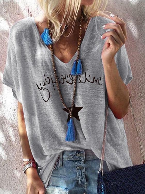 Letter Print V-neck Loose Short Sleeve T-shirt - T-shirts - INS | Online Fashion Free Shipping Clothing, Dresses, Tops, Shoes - 10/06/2021 - Color_Gray - Color_Green