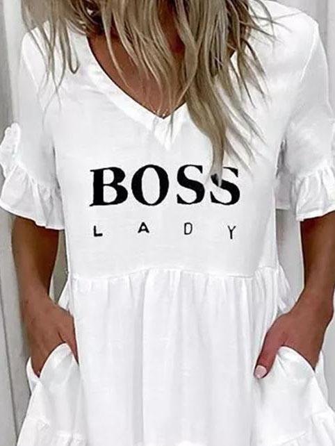 Letter Print V-neck Short Sleeve Ruffle Dress - Mini Dresses - INS | Online Fashion Free Shipping Clothing, Dresses, Tops, Shoes - 01/06/2021 - Category_Mini Dresses - Color_White