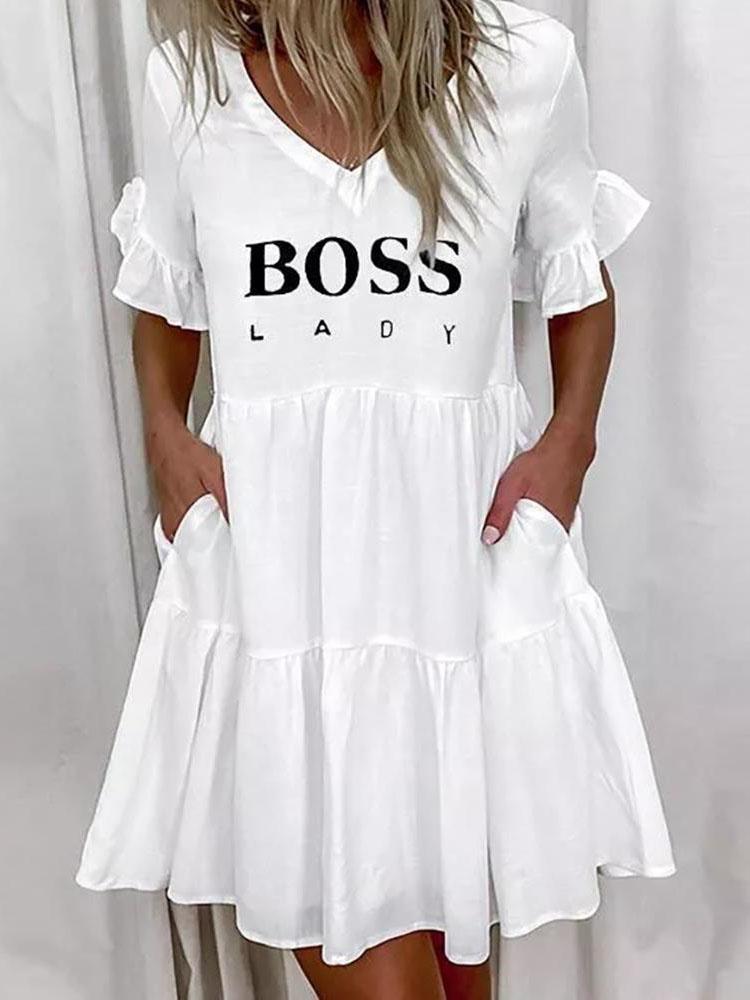 Letter Print V-neck Short Sleeve Ruffle Dress - Mini Dresses - INS | Online Fashion Free Shipping Clothing, Dresses, Tops, Shoes - 01/06/2021 - Category_Mini Dresses - Color_White