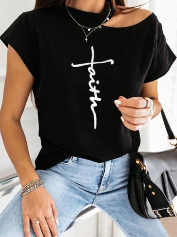 Letter Printing Cutout Shoulder Top T-shirt - T-Shirts - INS | Online Fashion Free Shipping Clothing, Dresses, Tops, Shoes - 04/13/2021 - Colour_Black - Colour_White