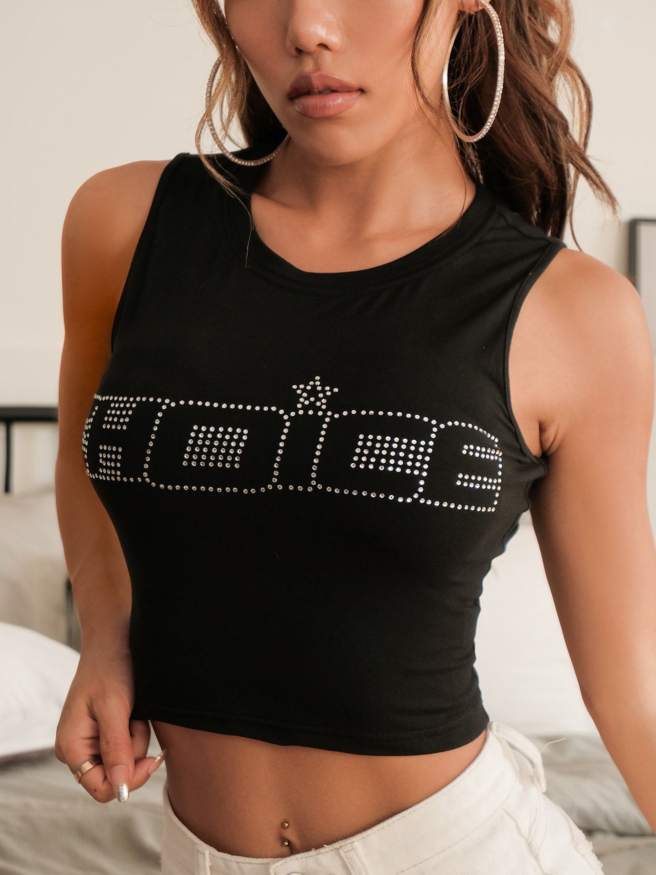 Letter & Star Rhinestone Tank Crop Top - Tank Tops - INS | Online Fashion Free Shipping Clothing, Dresses, Tops, Shoes - 24/04/2021 - Color_ Black - Season_Spring