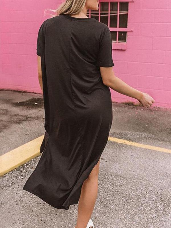 Lightly Mature Short Sleeve Lip Split Loose Dress - Maxi Dresses - INS | Online Fashion Free Shipping Clothing, Dresses, Tops, Shoes - 04/06/2021 - Category_Maxi Dresses - Color_Black