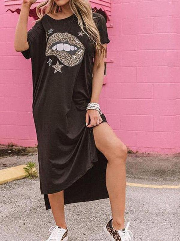 Lightly Mature Short Sleeve Lip Split Loose Dress - Maxi Dresses - INS | Online Fashion Free Shipping Clothing, Dresses, Tops, Shoes - 04/06/2021 - Category_Maxi Dresses - Color_Black