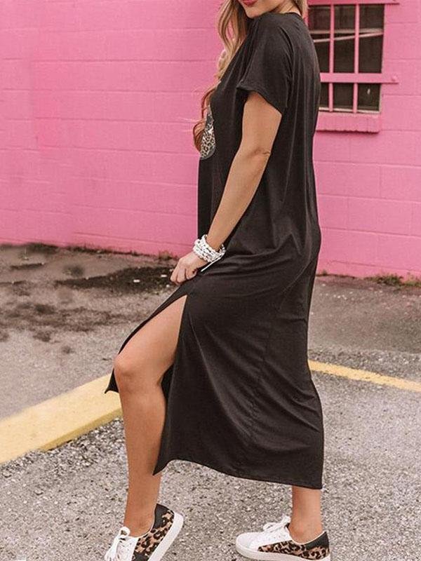 Lightly Mature Short Sleeve Lip Split Loose Dress - Maxi Dresses - INS | Online Fashion Free Shipping Clothing, Dresses, Tops, Shoes - 04/06/2021 - Category_Maxi Dresses - Color_Black