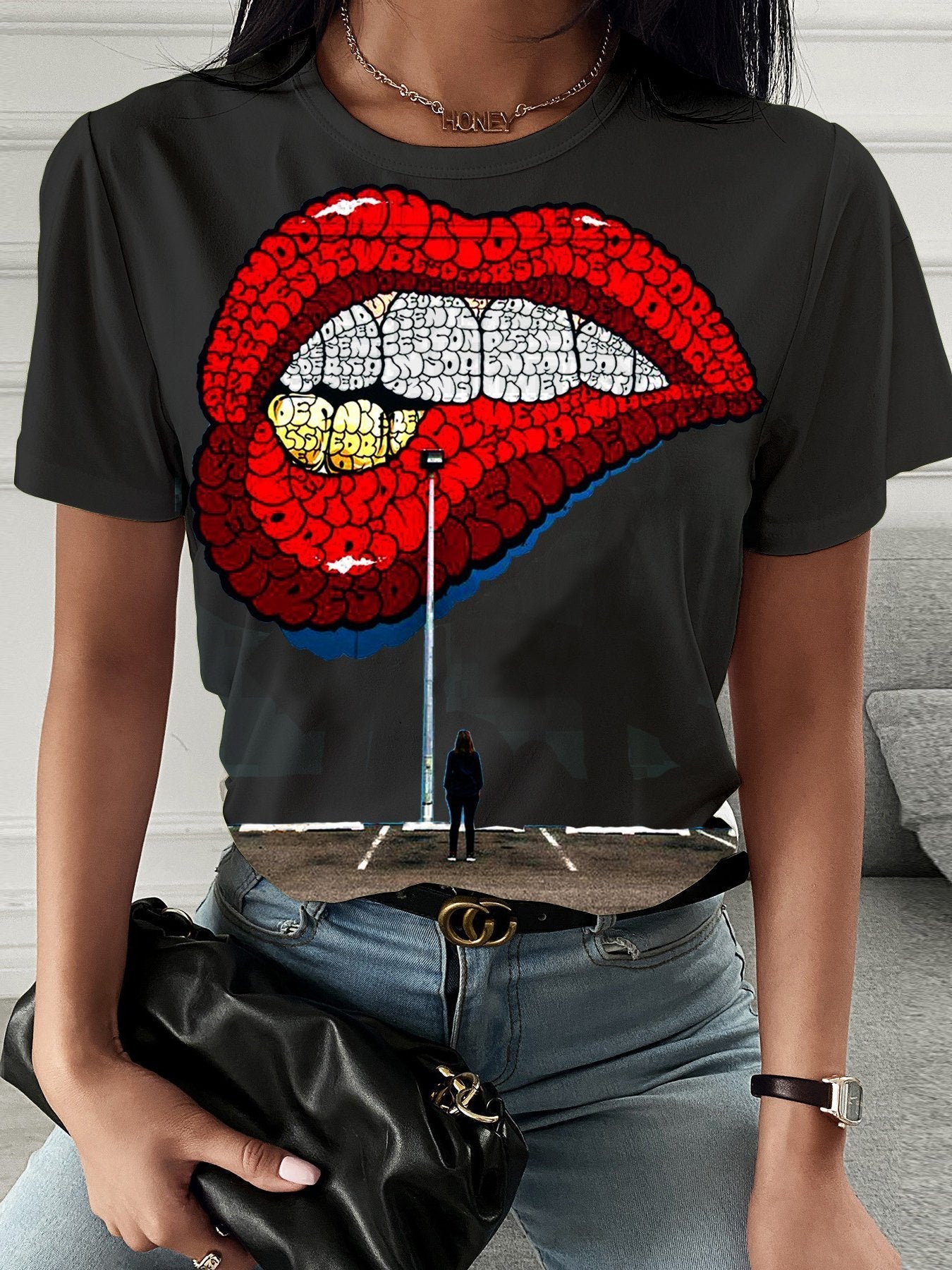 Lip Print Casual Short-sleeved T-shirt - T-shirts - INS | Online Fashion Free Shipping Clothing, Dresses, Tops, Shoes - 08/07/2021 - 10-20 - color-black