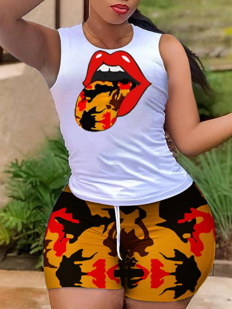 Lip Print Sleeveless Top & Drawstring Colorblock Shorts Set - Two-piece Outfits - INS | Online Fashion Free Shipping Clothing, Dresses, Tops, Shoes - 05/05/2021 - Category_Two-piece Outfits - Color_Multicolor