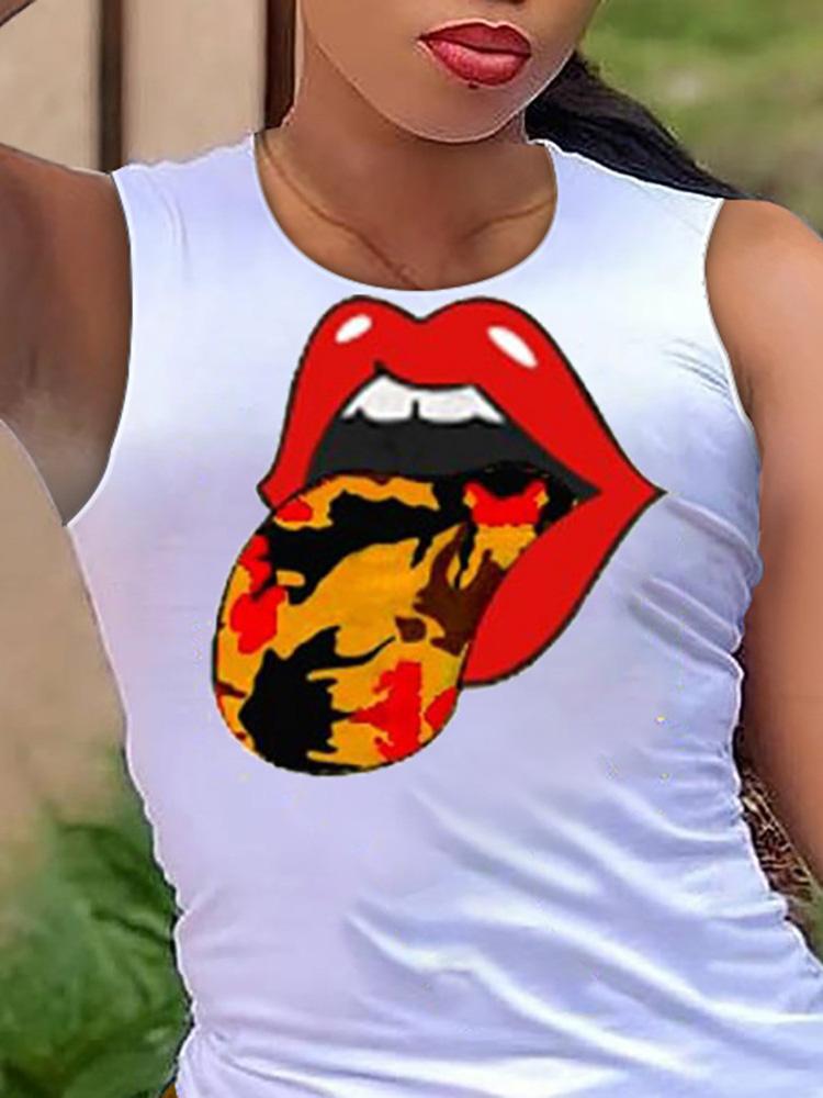 Lip Print Sleeveless Top & Drawstring Colorblock Shorts Set - Two-piece Outfits - INS | Online Fashion Free Shipping Clothing, Dresses, Tops, Shoes - 05/05/2021 - Category_Two-piece Outfits - Color_Multicolor