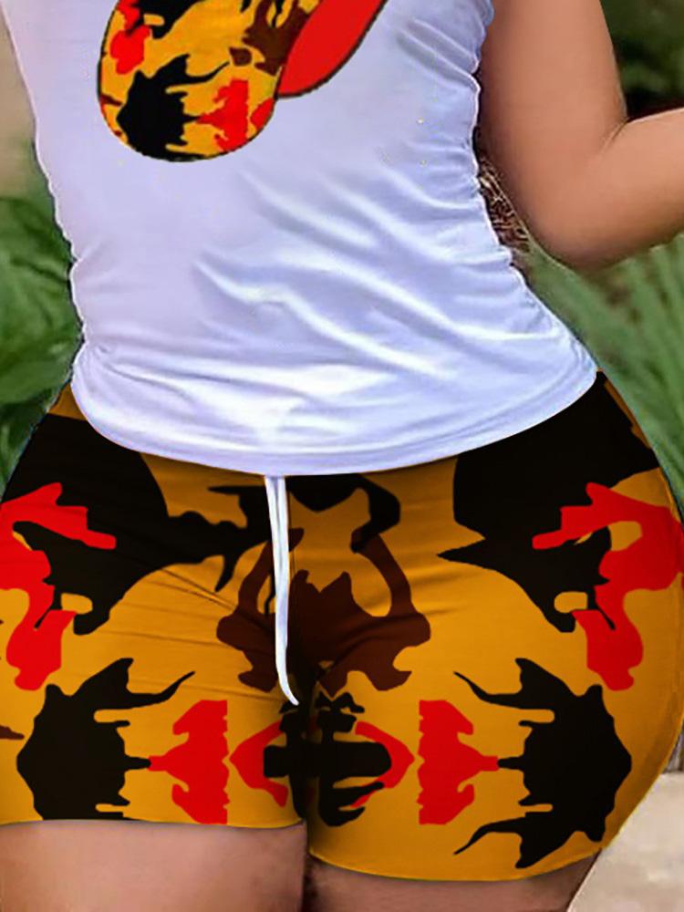 Lip Print Sleeveless Top & Drawstring Colorblock Shorts Set - Two-piece Outfits - INS | Online Fashion Free Shipping Clothing, Dresses, Tops, Shoes - 05/05/2021 - Category_Two-piece Outfits - Color_Multicolor