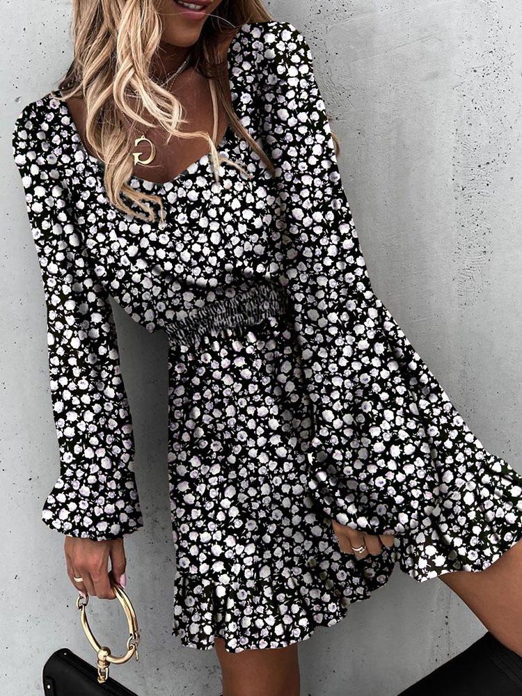 Long Sleeve Elastic Waist Ruffle Print Dress - Mini Dresses - INS | Online Fashion Free Shipping Clothing, Dresses, Tops, Shoes - 04/06/2021 - Category_Mini Dresses - Color_Apricot