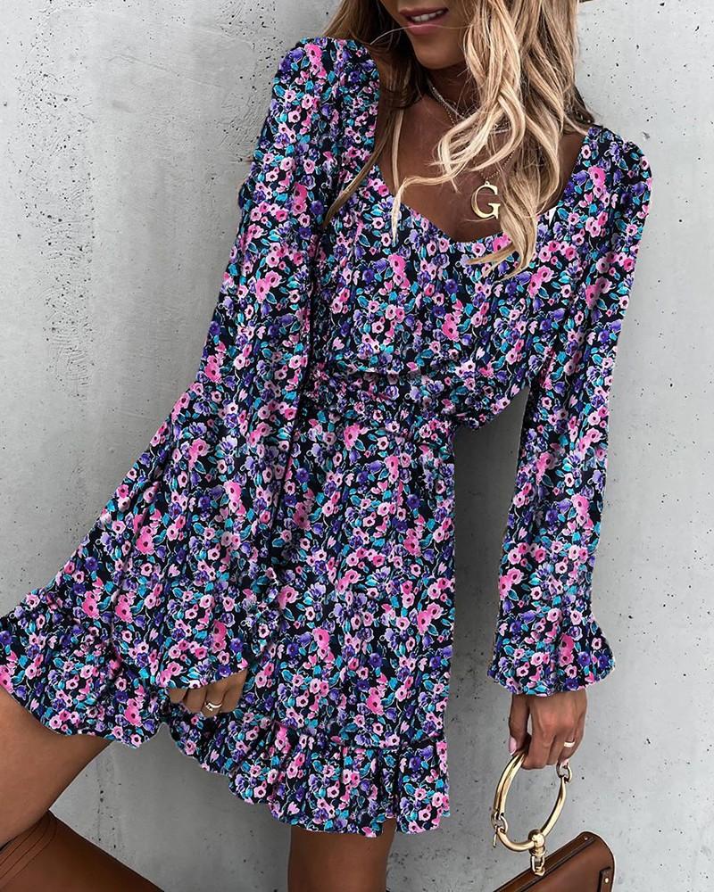 Long Sleeve Elastic Waist Ruffle Print Dress - Mini Dresses - INS | Online Fashion Free Shipping Clothing, Dresses, Tops, Shoes - 04/06/2021 - Category_Mini Dresses - Color_Apricot