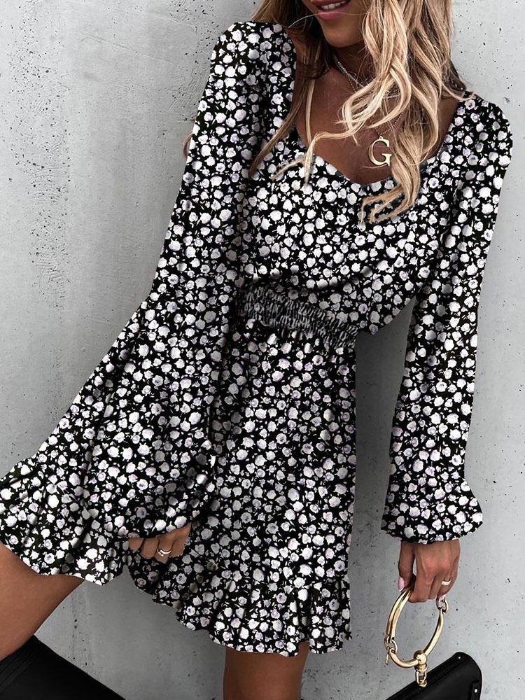 Long Sleeve Elastic Waist Ruffle Print Dress - Mini Dresses - INS | Online Fashion Free Shipping Clothing, Dresses, Tops, Shoes - 04/06/2021 - Category_Mini Dresses - Color_Apricot