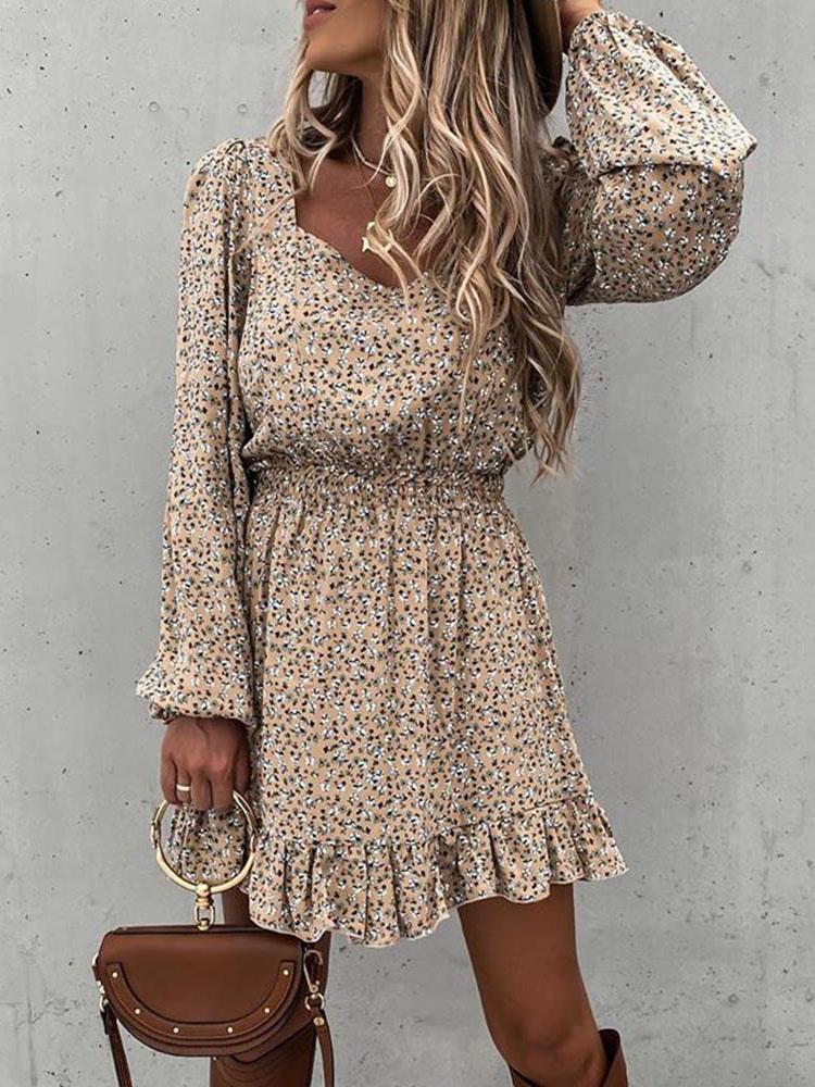 Long Sleeve Elastic Waist Ruffle Print Dress - Mini Dresses - INS | Online Fashion Free Shipping Clothing, Dresses, Tops, Shoes - 04/06/2021 - Category_Mini Dresses - Color_Apricot