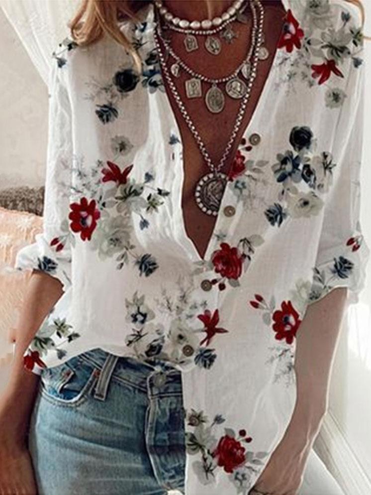 Long Sleeve Flower Print Lapel Shirt - Blouses - INS | Online Fashion Free Shipping Clothing, Dresses, Tops, Shoes - 14/07/2021 - 20-30 - BLO2107141189