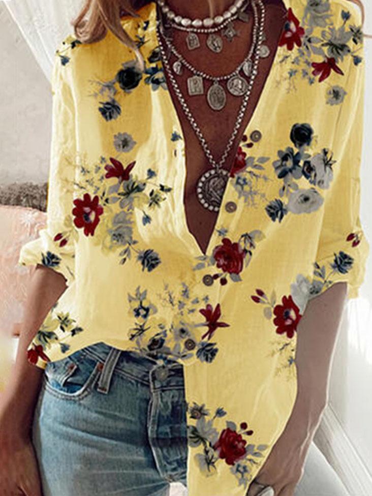 Long Sleeve Flower Print Lapel Shirt - Blouses - INS | Online Fashion Free Shipping Clothing, Dresses, Tops, Shoes - 14/07/2021 - 20-30 - BLO2107141189