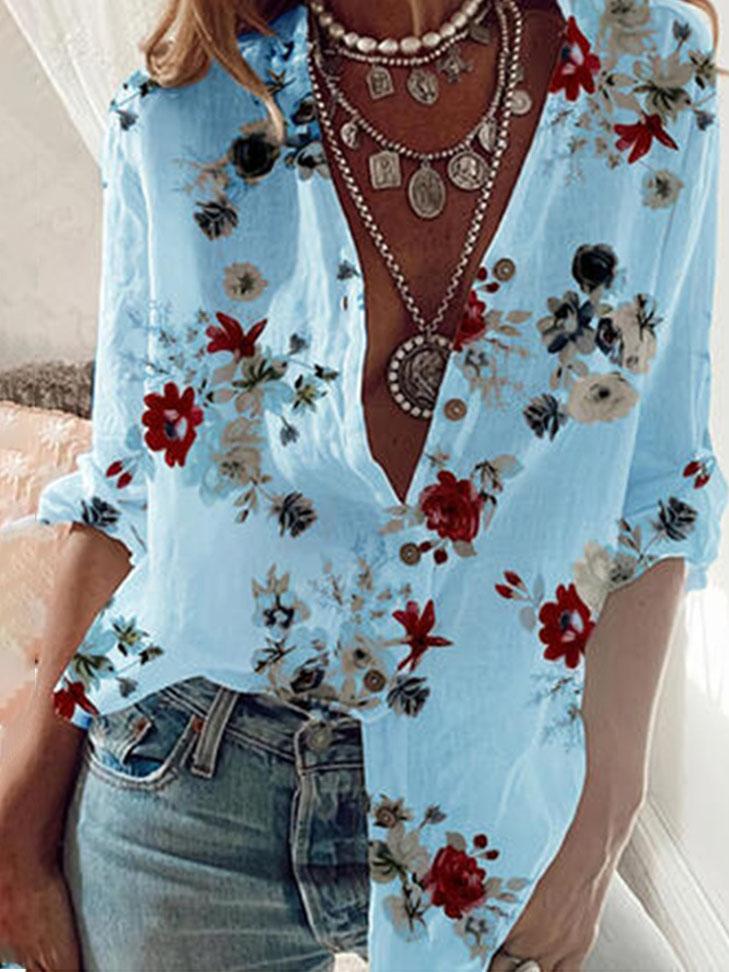 Long Sleeve Flower Print Lapel Shirt - Blouses - INS | Online Fashion Free Shipping Clothing, Dresses, Tops, Shoes - 14/07/2021 - 20-30 - BLO2107141189