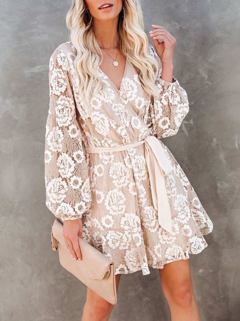 Long Sleeve Lace Printed Bohemian Ruffle Dress - Mini Dresses - INS | Online Fashion Free Shipping Clothing, Dresses, Tops, Shoes - 20/07/2021 - 40-50 - color-apricot