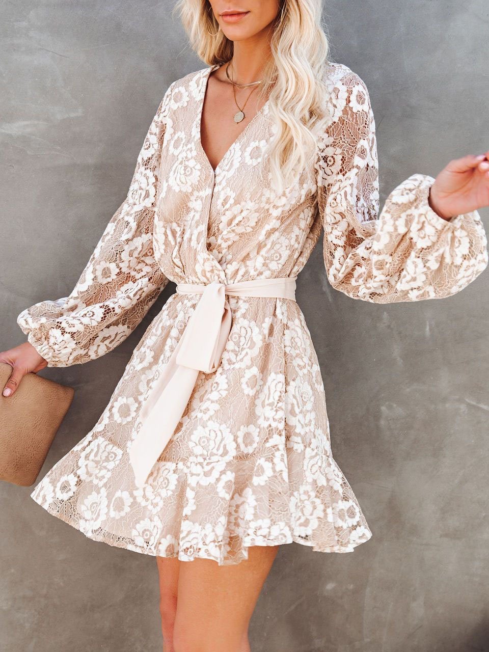 Long Sleeve Lace Printed Bohemian Ruffle Dress - Mini Dresses - INS | Online Fashion Free Shipping Clothing, Dresses, Tops, Shoes - 20/07/2021 - 40-50 - color-apricot