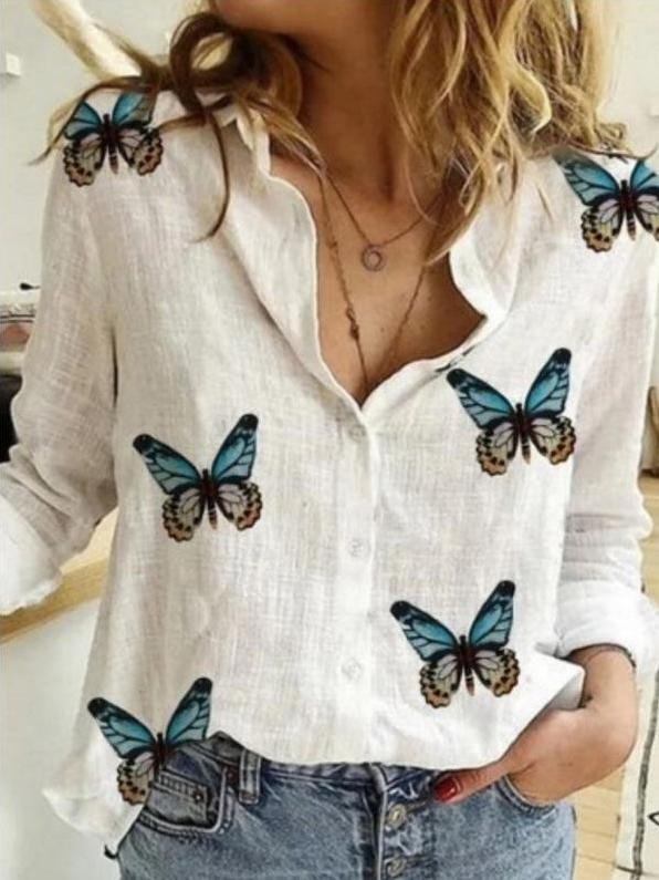 Long Sleeve Lapel Butterfly Print Shirt - Blouses - INS | Online Fashion Free Shipping Clothing, Dresses, Tops, Shoes - 11/06/2021 - BLO2106110094 - Blouses