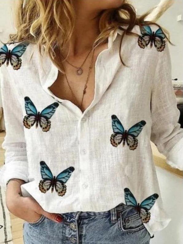 Long Sleeve Lapel Butterfly Print Shirt - Blouses - INS | Online Fashion Free Shipping Clothing, Dresses, Tops, Shoes - 11/06/2021 - BLO2106110094 - Blouses