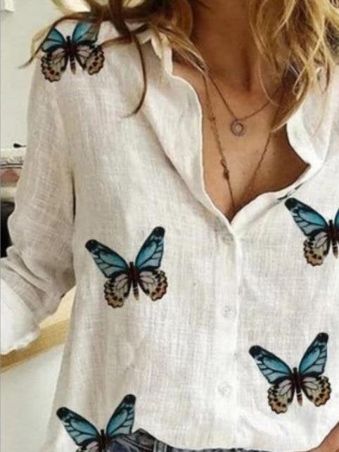 Long Sleeve Lapel Butterfly Print Shirt - Blouses - INS | Online Fashion Free Shipping Clothing, Dresses, Tops, Shoes - 11/06/2021 - BLO2106110094 - Blouses