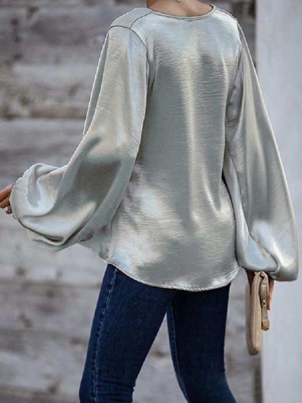 Long Sleeve Loose V-neck Solid Blouse - Blouses - INS | Online Fashion Free Shipping Clothing, Dresses, Tops, Shoes - 10-20 - 27/07/2021 - BLO2107271274