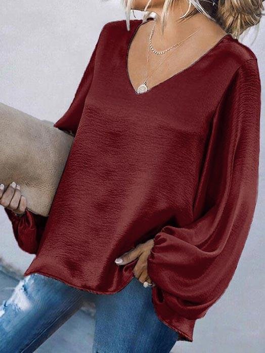 Long Sleeve Loose V-neck Solid Blouse - Blouses - INS | Online Fashion Free Shipping Clothing, Dresses, Tops, Shoes - 10-20 - 27/07/2021 - BLO2107271274