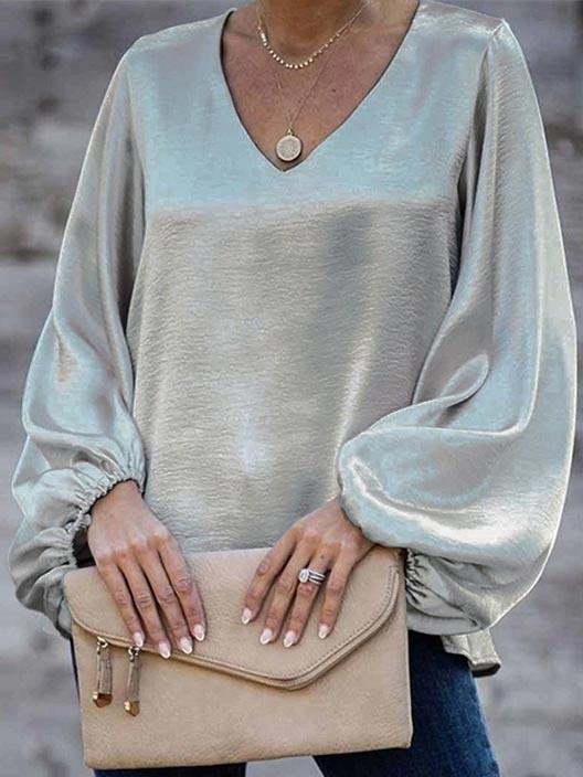 Long Sleeve Loose V-neck Solid Blouse - Blouses - INS | Online Fashion Free Shipping Clothing, Dresses, Tops, Shoes - 10-20 - 27/07/2021 - BLO2107271274